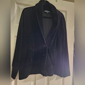 Vtg M Jones New York Black Velvet Ribbed Collar Button Pockets Cardigan Cute